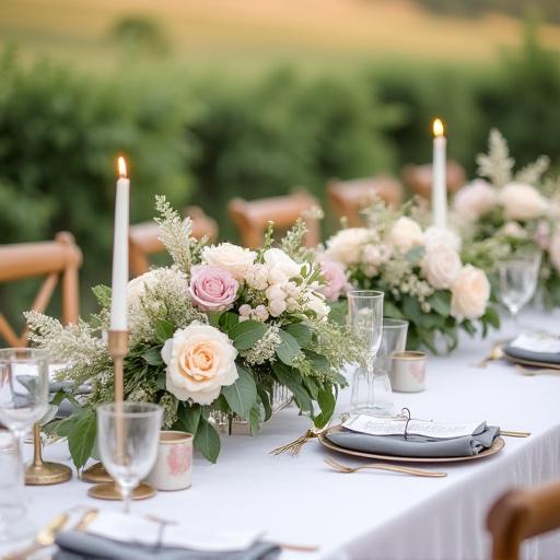 Tavolo di un matrimonio decorato con fiori ed erbe